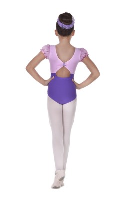 Girls bicoloured puff sleeved leotard pinched key hole